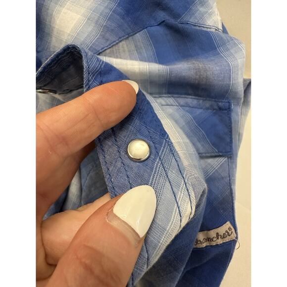 Vintage Wrancher by Wrangler Size medium Blue Pearl Snap Western Shirt - Picture 8 of 9